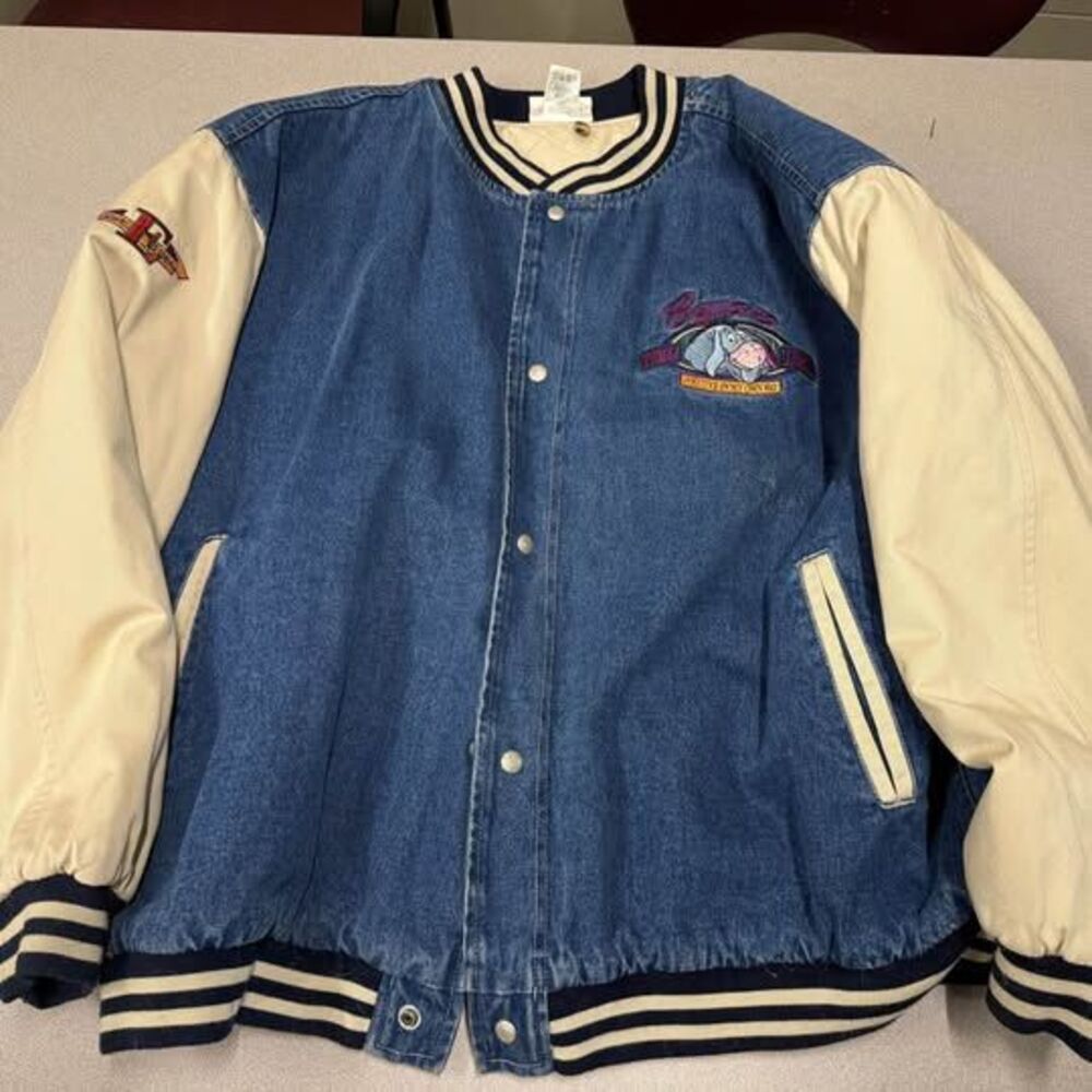 90s Vintage Disney Winnie the Pooh Eeyore Denim Varsity Jacket Blue & Beige XXL